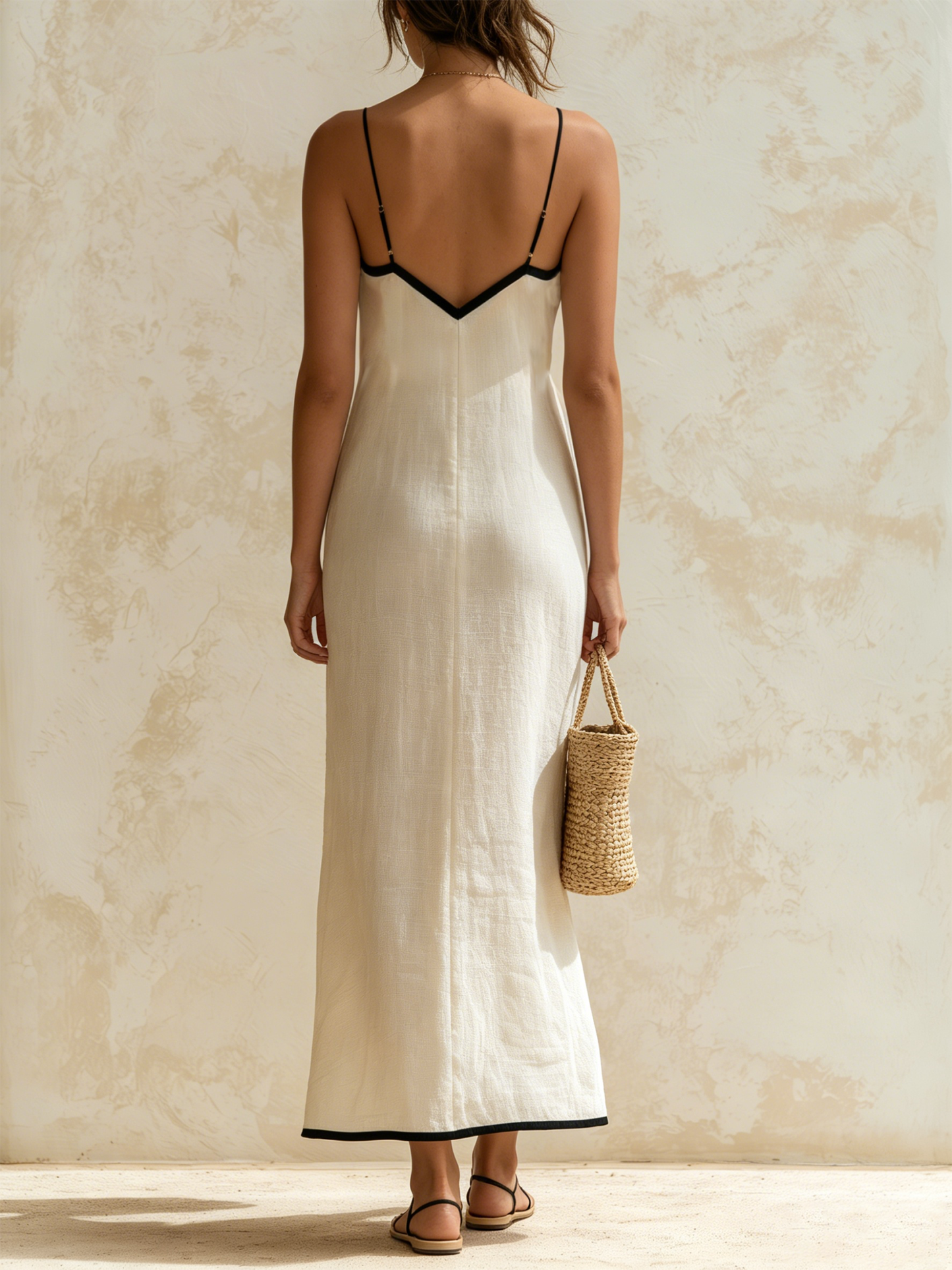 Inma | Vestido largo de lino estilo slip con bordes en contraste con motivo chevron