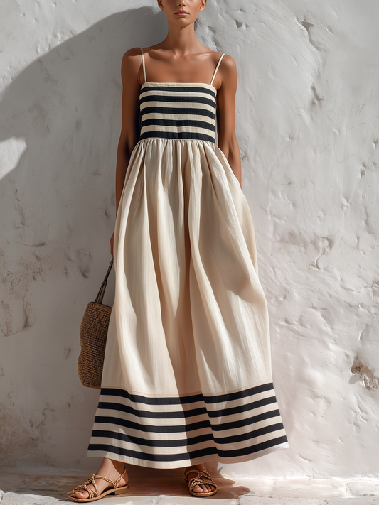 Ana | Vestido largo a rayas negras y beige con tirantes finos