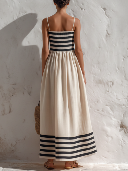 Ana | Vestido largo a rayas negras y beige con tirantes finos
