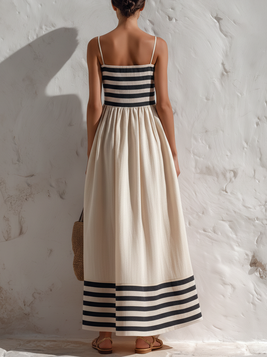Ana | Vestido largo a rayas negras y beige con tirantes finos