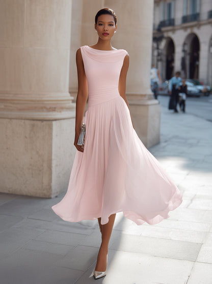 Miriam | Vestido midi sin mangas, con pliegues y escote drapeado