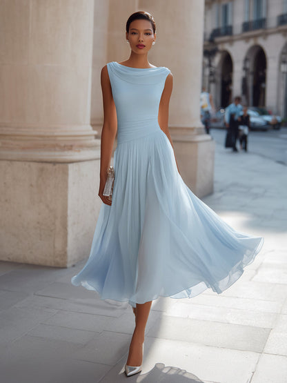 Miriam | Vestido midi sin mangas, con pliegues y escote drapeado
