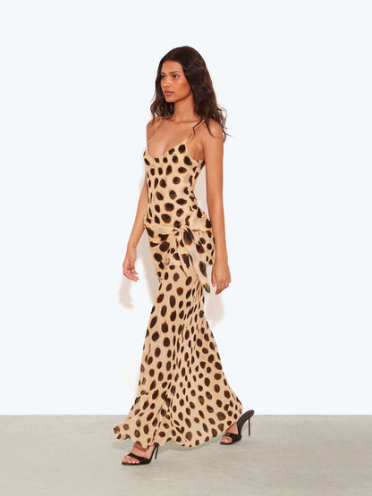 Clara | Vestido maxi con estampado de lunares de animales
