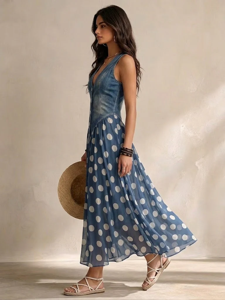 Sandra | Vestido midi de gasa con lunares
