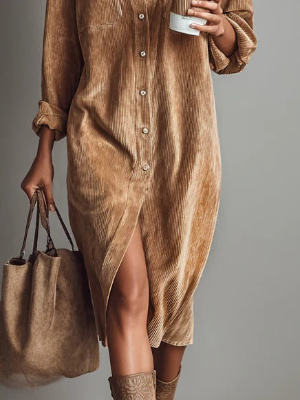 Leire | Vestido midi holgado con dos bolsillos en el pecho y corte de una sola fila de botones
