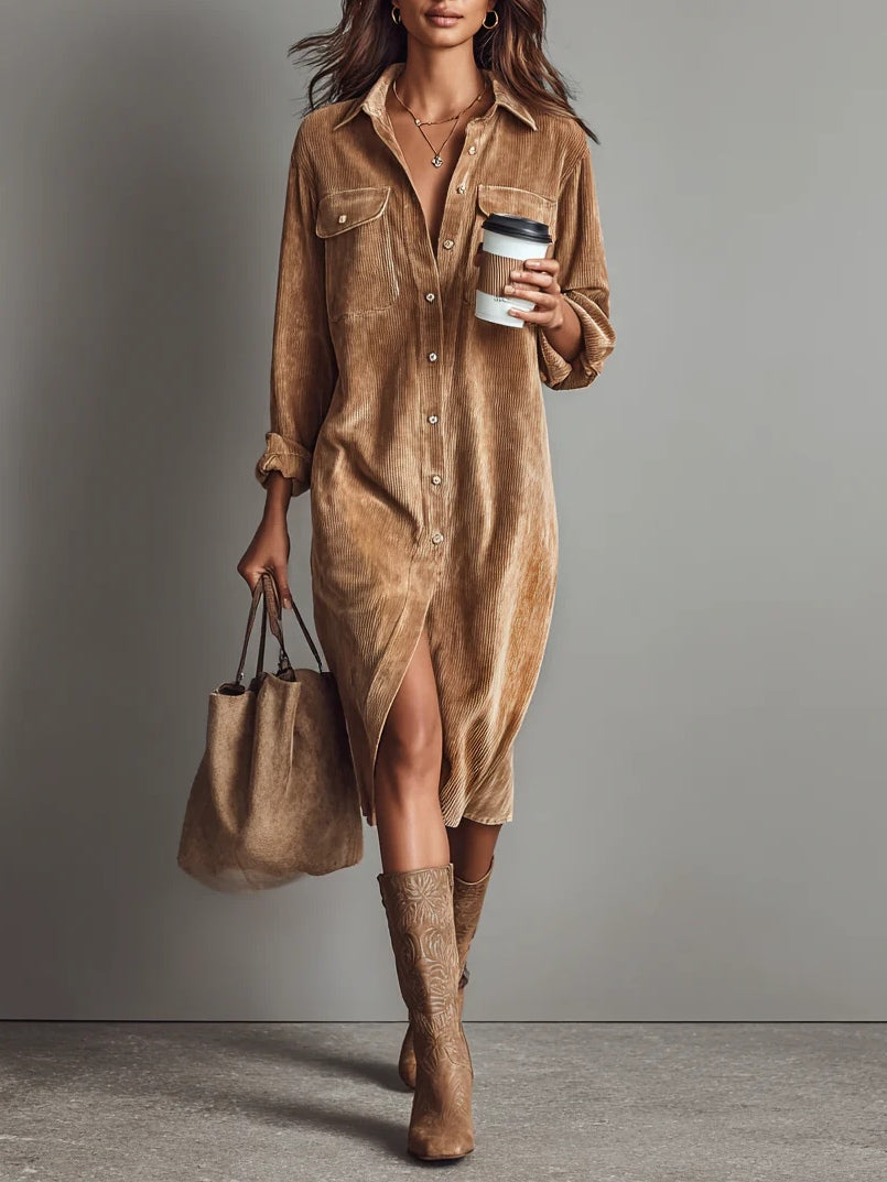 Leire | Vestido midi holgado con dos bolsillos en el pecho y corte de una sola fila de botones