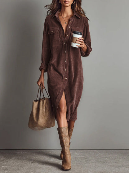 Leire | Vestido midi holgado con dos bolsillos en el pecho y corte de una sola fila de botones